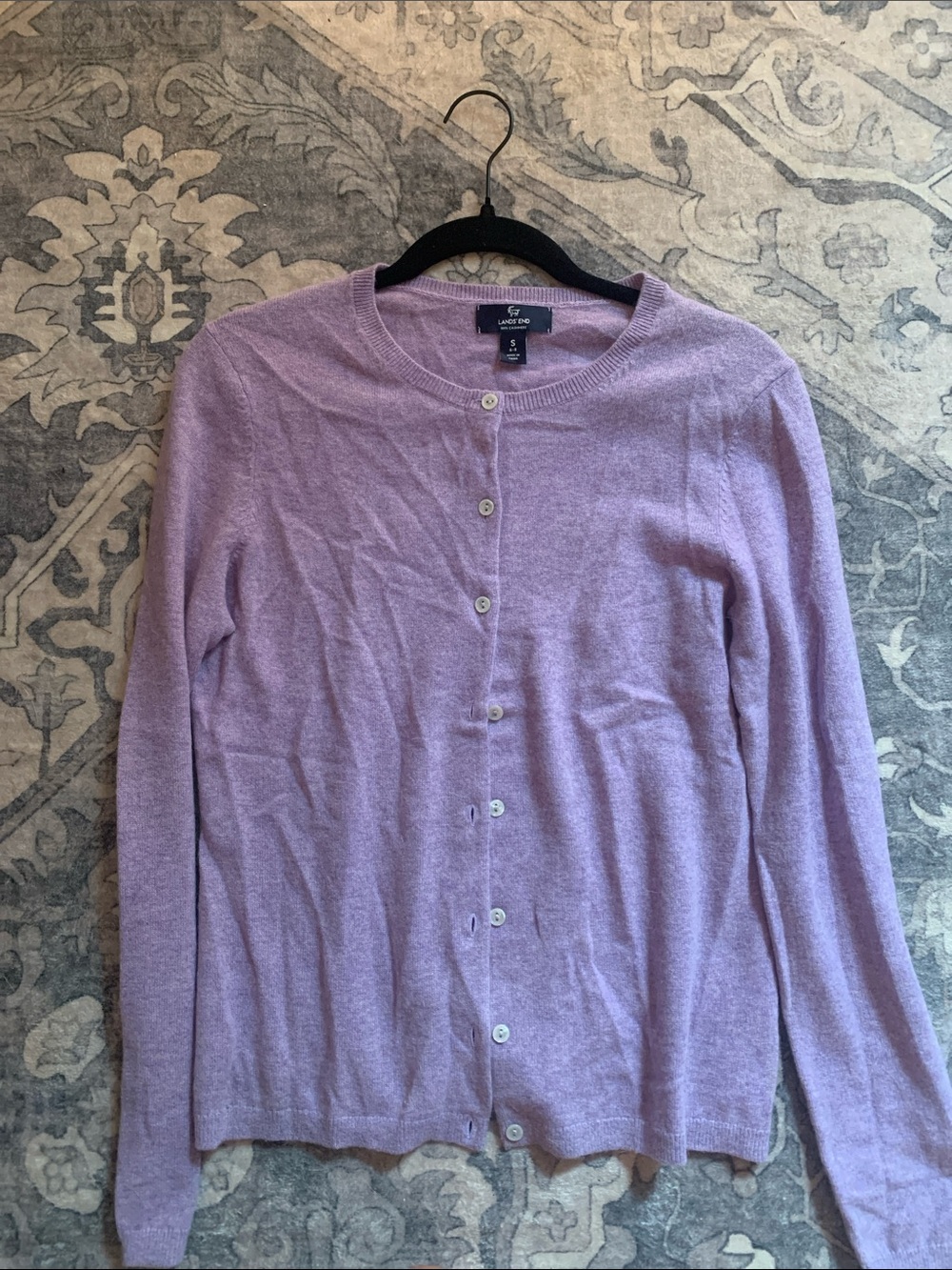 Lands' End Lavender Crewneck Button-Up Cardigan 100% cashmere